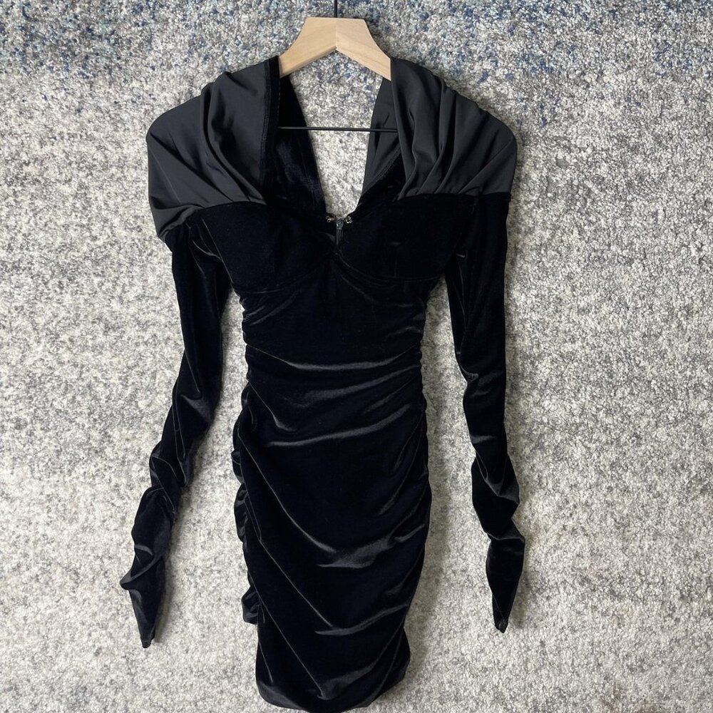 Oh Polly Dress Womens 0 XS Black Velvet Long Sleeve Ruched Mini Bodycon‎ Party
